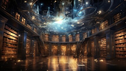 Esoteric concept: Great library of records of the Akashic chronicle, Mystical knowledge archive of information in the vastness of the Universe - obrazy, fototapety, plakaty