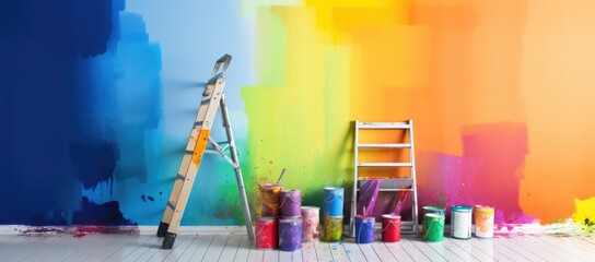 Painting a wall rainbow in an apartment room with a ladder and a bucket of paint - obrazy, fototapety, plakaty