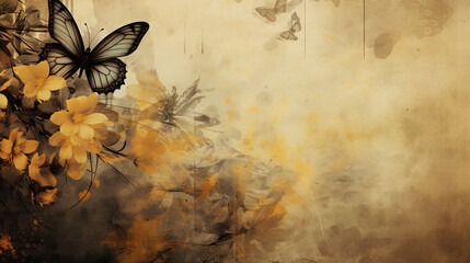 Shabby chic background with black butterfly and yellow flowers, vintage wallpaper, illustration with copy space