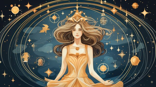 Woman, girl astrologer against the backdrop of the starry sky of the universe with the astrological zodiac circle of the natal chart and planetary transits