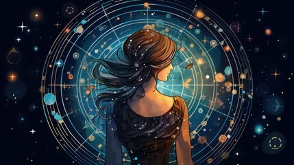 Woman, girl astrologer against the backdrop of the starry sky of the universe with the astrological zodiac circle of the natal chart and planetary transits