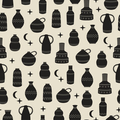 Trendy Pattern With Vases. Ceramic antique vases in boho style.  Historical ceramic tableware. Trendy vector pattern for social networks, web design in vintage boho style. Flat style pattern.