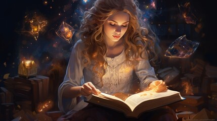 Esoteric concept: Girl reading the book of life metaphorically. Great library of records of the Akashic chronicle, Mystical knowledge archive of information in the vastness of the Universe - obrazy, fototapety, plakaty