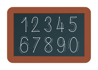 Vector learning for children, blackboard with instructions on how to write numbers. Isolated on white background