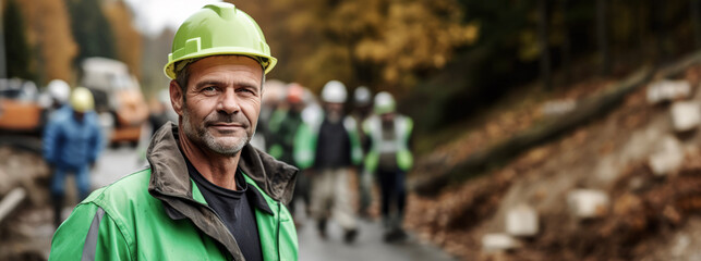 Civil engineer / construction worker with safety helmet on a building site, construction machinery in the background.