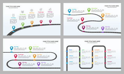 Fototapeta na wymiar Set of Map Infographic Timeline 5, 6, and 12 steps with Editable Text and 16:9 Layout Presentations for Planning, Management, and Evaluation.
