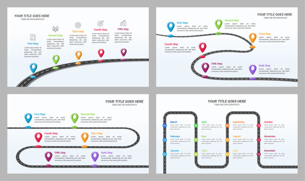 Set of Map Infographic Timeline 5, 6, and 12 steps with Editable Text and 16:9 Layout Presentations for Planning, Management, and Evaluation.
