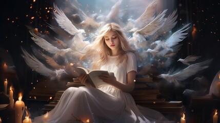 Magical Book of Akashic Records with pretty lights and dark mysterious background - obrazy, fototapety, plakaty