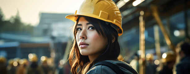 Young female Asian construction worker with hard hat in the background a construction site. - obrazy, fototapety, plakaty