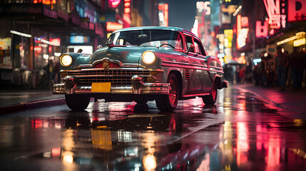 A parked vintage car against the backdrop of passing night traffic. - Powered by Adobe