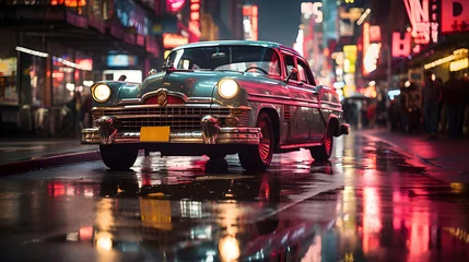 Foto op Aluminium A parked vintage car against the backdrop of passing night traffic. © Alex Bur