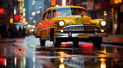 A parked vintage car against the backdrop of passing night traffic. - obrazy, fototapety, plakaty