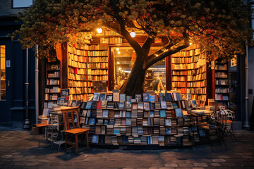 Nestled in a market corner is a pop-up bookstore, its shelves brimming with stories both old and new, drawing in a gathering of book enthusiasts.