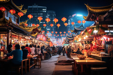 As night falls, an Asian market comes aglow, twinkling lights revealing an array of culinary delight stalls. - obrazy, fototapety, plakaty