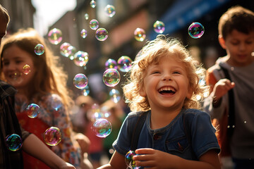 In the lively backdrop of a bustling market, children gleefully chase ephemeral soap bubbles, their laughter intertwining with the hum of shopping chatter.