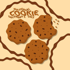Several cookies topped with chocolate chips with wavy bold text on light brown background to celebrate National Cookie Day on December 4