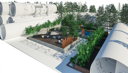 Entwurf der Gäste-Terrasse mit Swimming-Pool eines Restaurants mit Außengastronomie - 3D Visualisierung