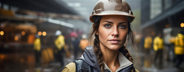 Woman as ngineer with safety helmet on a construction site, construction worker, middle age, dark hair, dirty clothes, rainy weather - obrazy, fototapety, plakaty