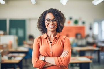 Portrait of smiling woman teacher posing with arms crossed in classroom looking at camera. Confident happy female educator.  - Powered by Adobe