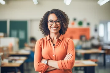 Tuinposter Portrait of smiling woman teacher posing with arms crossed in classroom looking at camera. Confident happy female educator.  © Victor