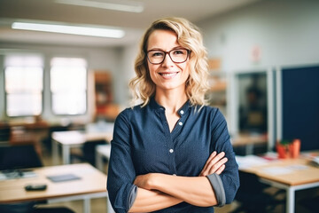 Portrait of smiling woman teacher posing with arms crossed in classroom looking at camera. Confident happy female educator. 