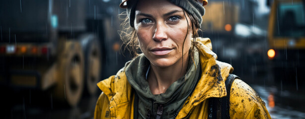 Female construction worker with hard hat in the rain and mud on a construction site, middle age, in the background construction vehicles