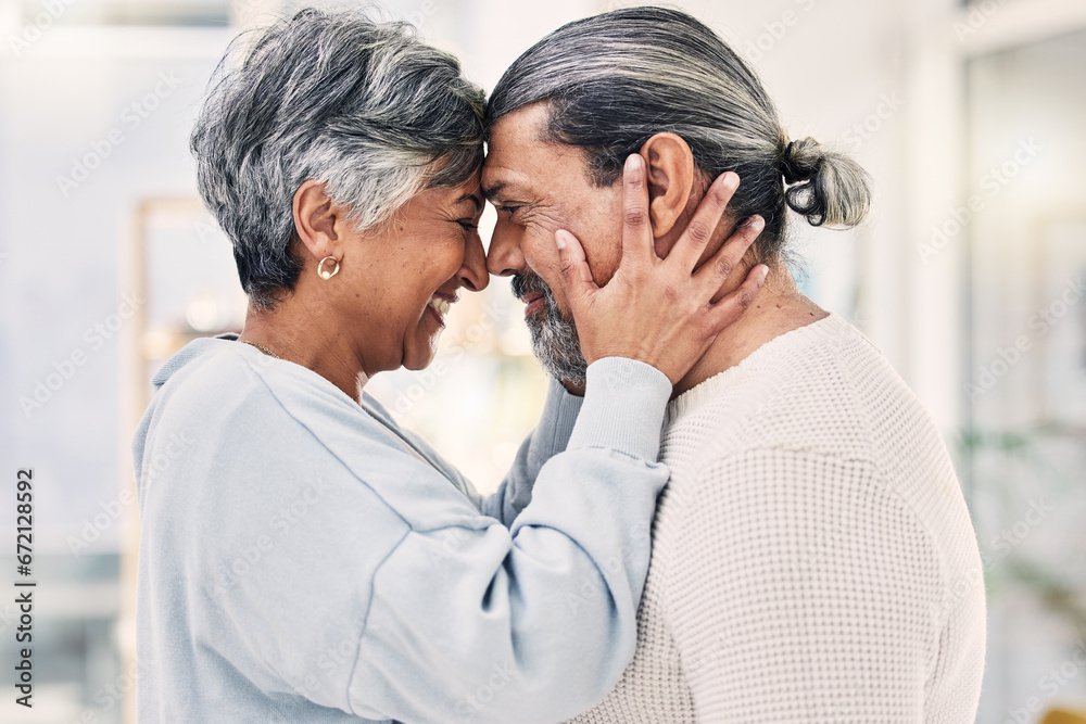 Poster Hug, forehead and senior couple with love, smile or retirement with happiness, home or loving together. Old woman, happy mature man or embrace in a lounge, quality time or romance with a relationship