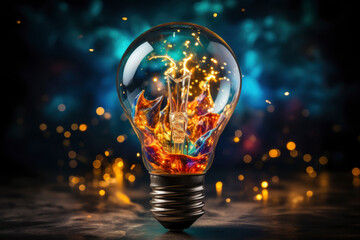 Creative light bulb explosion with splashes of yellow, blue and pink paint on a black background. Think differently, creative idea.