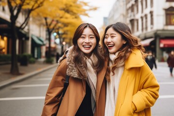 Two happy women friends wearing coats, scarves walking in the cold cityscape.
