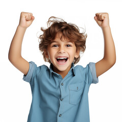 A 6-year-old boy, looking good and cheerful, stood with his arms raised in great joy. In the clear background, Generative AI