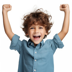 A 6-year-old boy, looking good and cheerful, stood with his arms raised in great joy. In the clear background, Generative AI