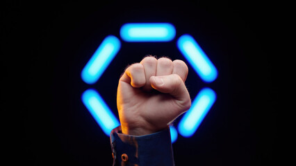 Fist anger gesturing on neon sign circle black background