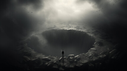 a man stands on the edge of a bottomless abyss. concept of depression. black and white illustration. copy space - obrazy, fototapety, plakaty