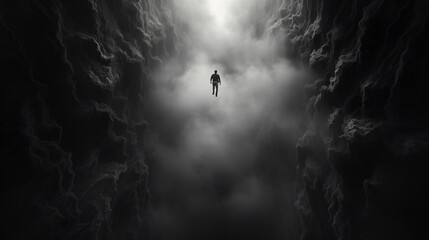 a man falls into the abyss from a great height.. concept of depression. black and white illustration. copy space