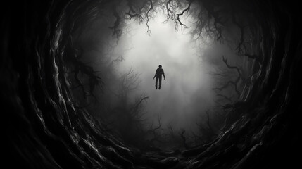 a man falls into the abyss from a great height.. concept of depression. black and white illustration. copy space - obrazy, fototapety, plakaty