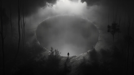 a man stands on the edge of a bottomless abyss. concept of depression. black and white illustration. copy space