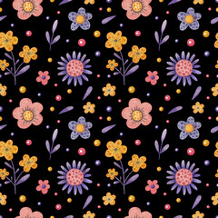 Seamless pattern with multicolored flowers, branches and leaves on a black background. Watercolor illustration. Plants. Nature. Print on fabric and paper. Blooming. Art. Design. Wallpaper. Handmade.