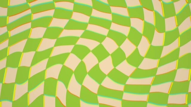 Retro, green, risograph effect, abstract, groovy, wavy, checkered pattern background, vintage psychedelic checkerboard texture. Animated, looping grid, squares pattern.