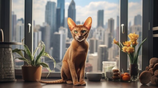 An Abyssinian cat resides in a snug apartment, offering views of skyscrapers through the windows. This description paints a picture of an urban living arrangement with a feline companion.
