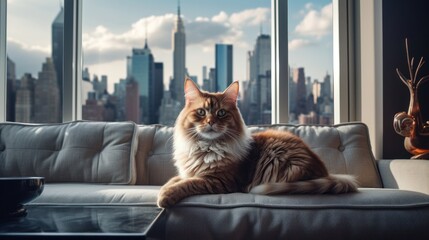 An American Longhair cat resides in a snug apartment with a view of towering skyscrapers through the windows.