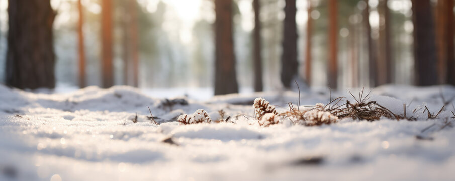 Snow covered ground in the forest. Winter landscape background