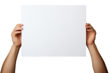 Hands holding blank paper cut out transparent isolated on white background ,PNG file