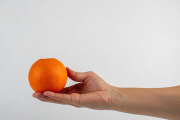 Hand holding orange isolated on white background