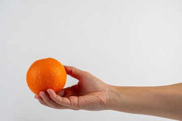 Hand holding orange isolated on white background