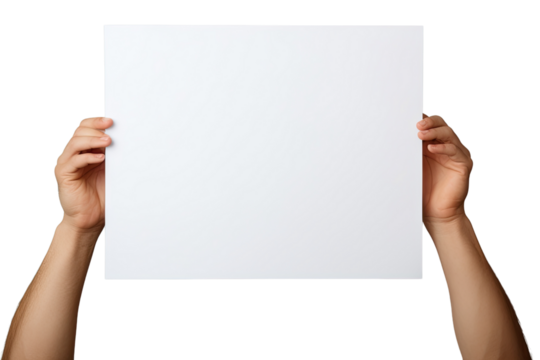 Hands holding blank paper cut out transparent isolated on white background ,PNG file