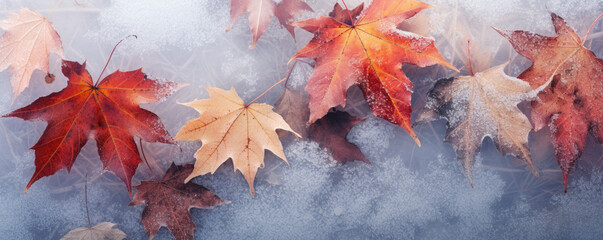 Naklejka na ściany i meble Beautiful frozen autumn maple leaves on the ground. Autumn winter background