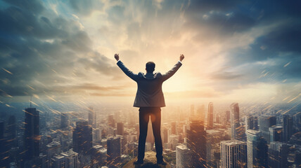 businessman stands on top with his hands up - obrazy, fototapety, plakaty