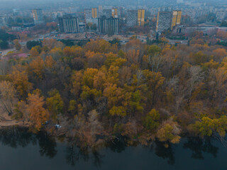 Autumn view from above of the city of Dnipro. River. Right bank. Warm days.