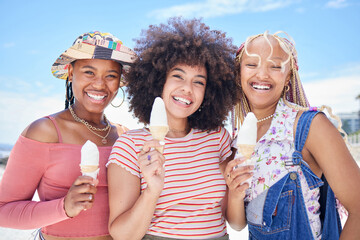 Ice cream, women friends and summer portrait with dessert on funny vacation, sunshine and relaxing...
