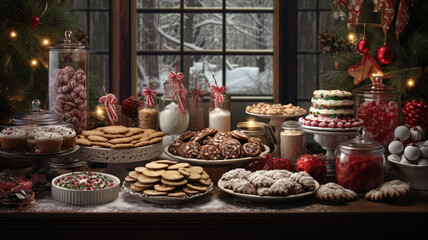 christmas cookies with decorations and sweets on table